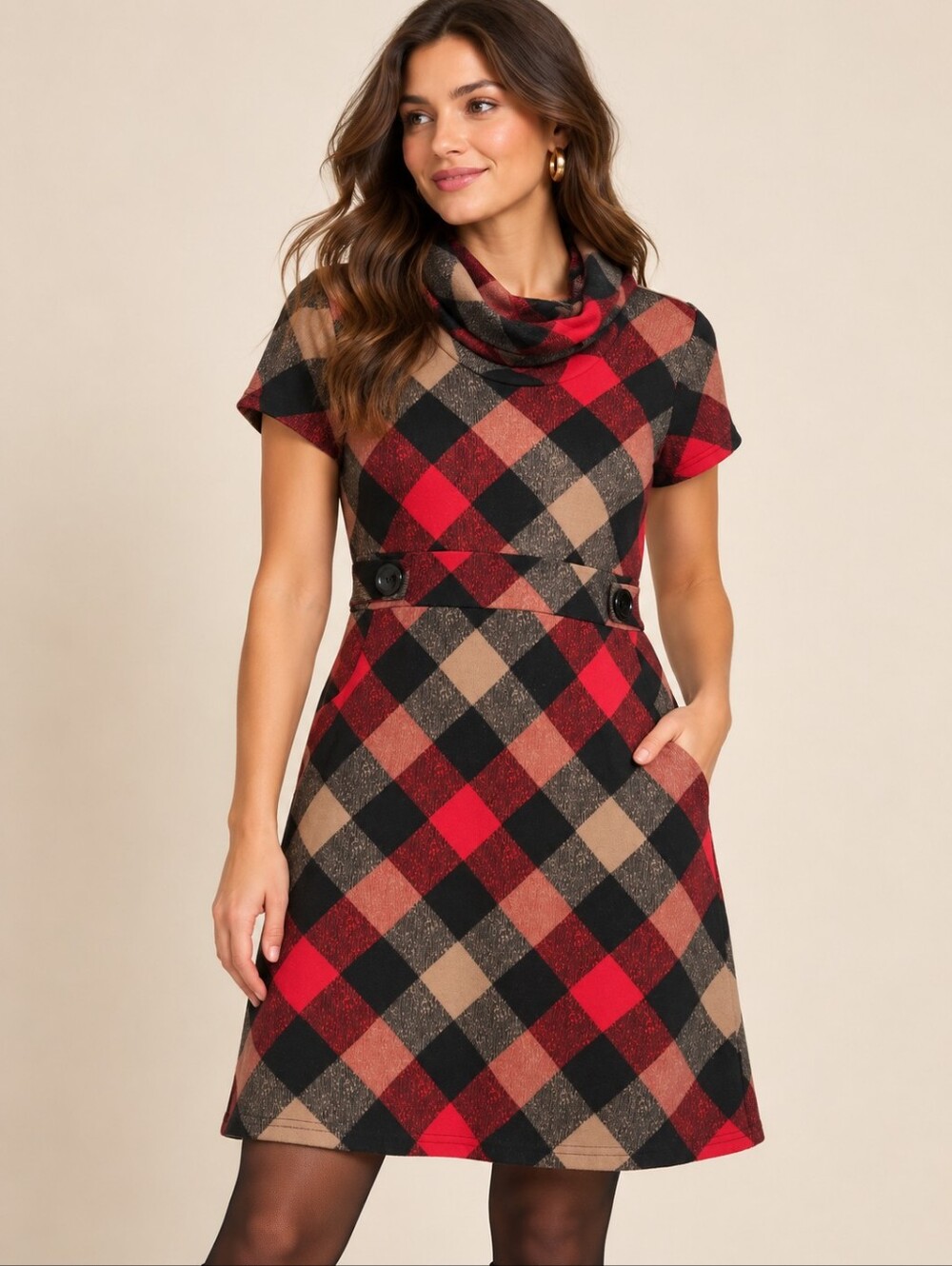 San Francisco Plaid Cowl Neck Dress Size L Red Black Check Mini